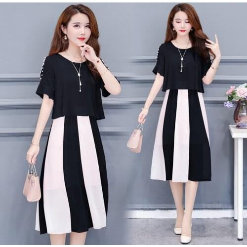 Vestidos Mujer 2020 Summer New Pearl Chiffon Printed Fake Two-Piece Dress Women Plus Size Dresses Female With Necklace Z941