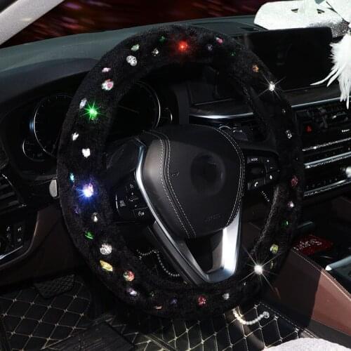 Winter Car Plush warm Luxury Crystal Car Steering Wheel Covers Diamond Crystal Steering Wheel Cover Interior Accessories Girl