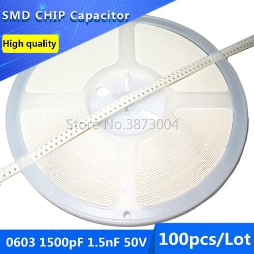 100pcs 0603 1500pF/1.5nF 50V COG/NPO 5% SMD Chip Capacitor