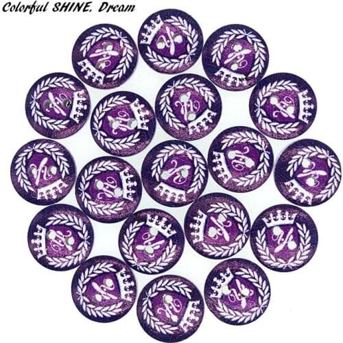 50PCs Wholesale Natural Wooden Buutons Round Purple Crown Design Scrapbooking Sewing Accessories DIY Craft 2 Holes 15mm Dia