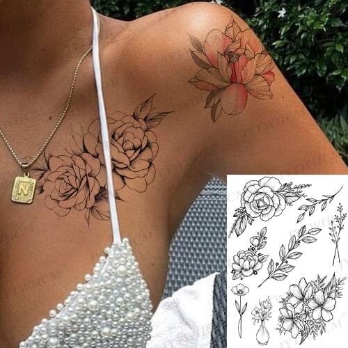 Large Temporary Tattoos Art Sleeve Tattoo Stickers Thigh Body Decal Black Waterproof Swimwear Fake Tattoo Flower For Women Men