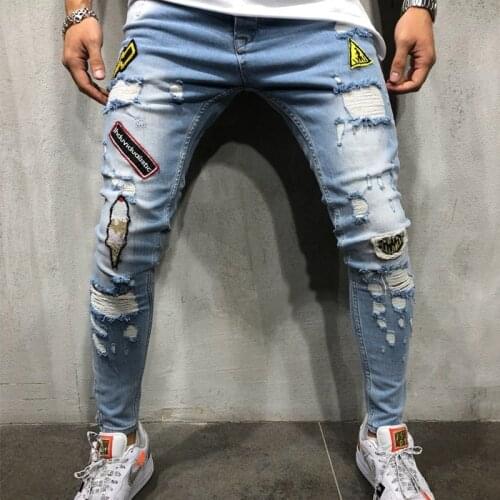 European and American Style New Hip Hop Tight Mens Jeans Slim Hole Denim Pencil Pants Blue Black High Quality Man Trousers