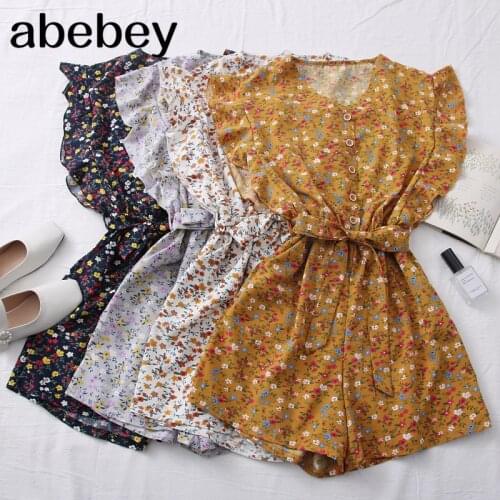 2021 New Summer Fashion All-match floral print Jumpsuit V-neck Ruffle sleeve Jumpsuit waist strap Jumpsuit wide leg Pants