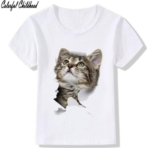 Summer Girls Boys Cat T Shirt Short Sleeve Soft Childrens Shirt Cotton Tops Cartoon Clothes White Kid unisex tees blouses