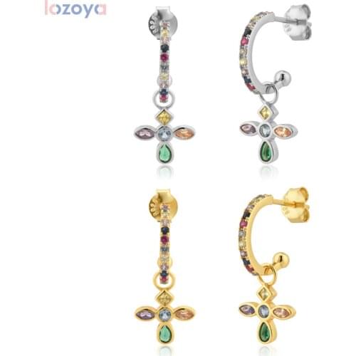 Lozoya 925 Sterling Rainbow Jewelry Silver Spring Cross Pendiente Drop Earring Piercing 2021 Rock Punk Circle Gift 2021 Slim