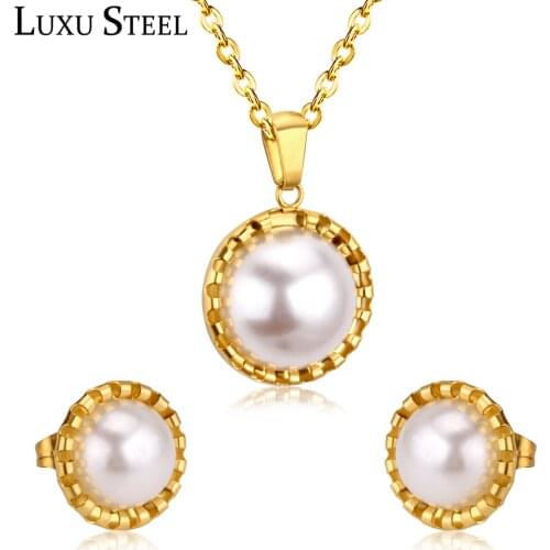 LUXUSTEEL african jewelry sets dubai gold color Imitation Pearl Pendant Necklace Earrings Brinco Party Wedding Jewelry Gift