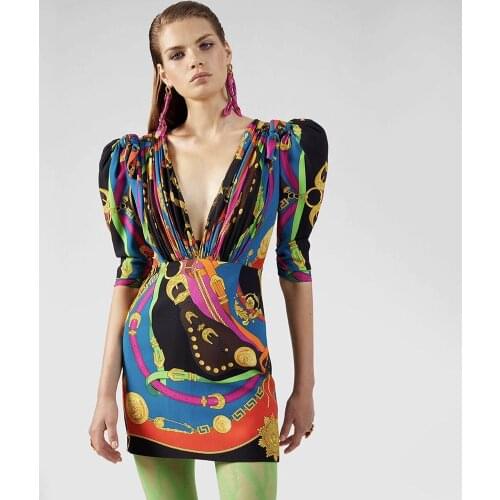 2020 NEW summer spring dress runway vintage print pattern neck casual elegant mini long sleeve dresses