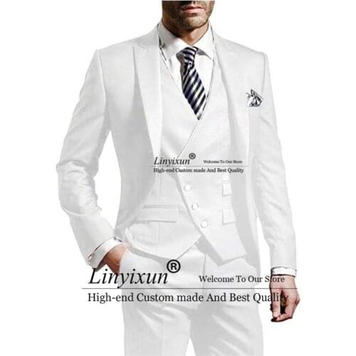 3 pieces Men suits Notched Lable White groomsuit blazer one button formal business suits Tuxedo (( Blazer+vest+Pant)