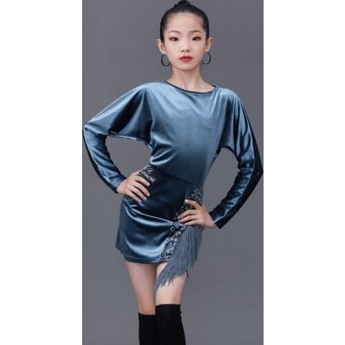 2021 Winter New ChildrenS Latin Dance Dress For Girls Latin Practice Clothes Velvet Long Sleeved Dress Latin Dance Wear DQS7875
