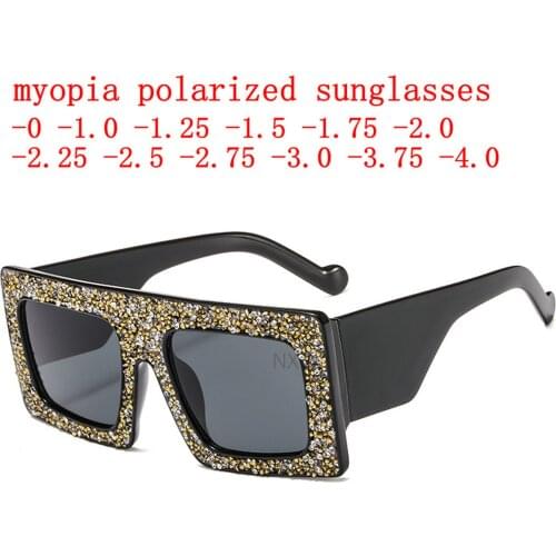 0 -0.5 -1.0 To -4.0 Prescription Polarized Sunglasses Men Women Fashion Square Sparkling Rhinestone Myopia Sunglasses NX