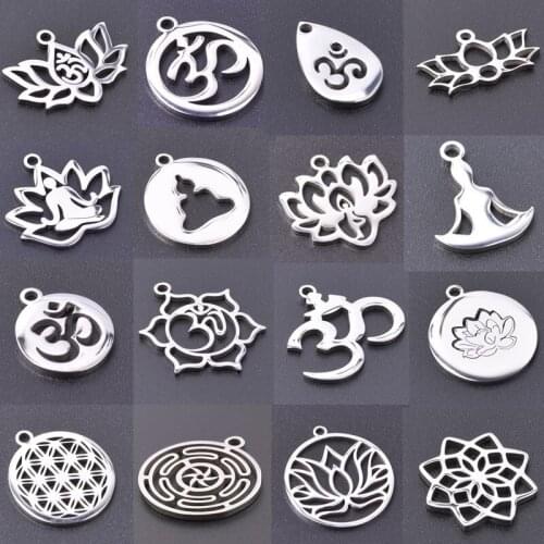 5pcs Stainless Steel Pendant Lotus Yoga Charms For Jewelry Making Necklace Bracelet Handmade Material OM Silver Color Pendants
