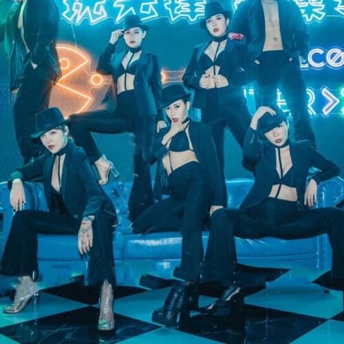 Sexy Men Women Set Sexy DJ Singer Dancer Stage Show Outfits Gogo Costume Nightclub Bar Black Suit Hip Hop Jazz Clothing XS2283