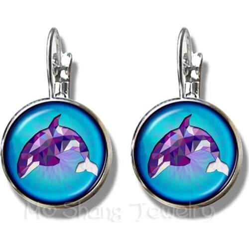 Beautiful Dolphin Pattern Earrings Trendy Round Glass Mermaid 16mm Glass Dome Silver Plated Beautiful Stud Ear For Girls