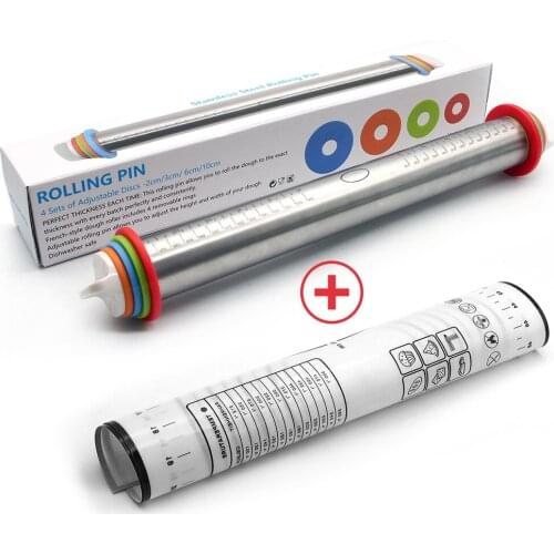 17'' Stainless Steel Rolling Pin Dough Mat Dough Roller Set With 4-piece Of Adjustable Discs 2cm 3cm 6cm 10cm Scale For Baking