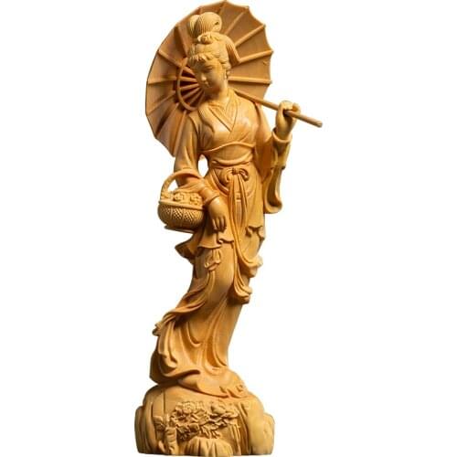 Pure solid wood Jiangnan beauty statue ，Chinese beautiful girl Wooden handmade sculpture， Home decoration statue 20cm