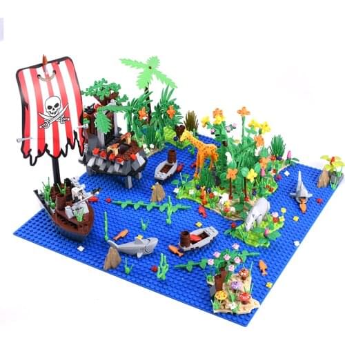 DIY Rainforests Island Pirate-Ship MOC Building Blocks Sea Animal City Bush Flower Grass Tree Compatible Base Plate Idea Kid Toy