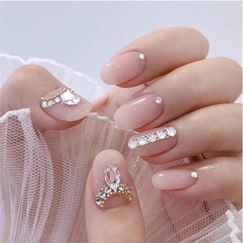 Wedding False Nails With Rinestones Impress Pre Designed Press On Fake Nail For Bride Short Oval Artificial Decorating Nepnagels