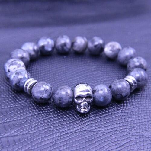 Wonlee Winle 11mm Natural Gray Map Stone Beaded Stretch Bracelets for Men&Women Stainless Steel Skull Head Strand Bracelet