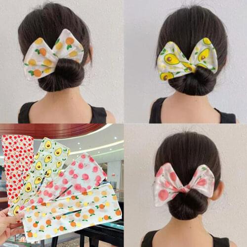 Hot sale Fruit Print Deft Bun Hairbands Bow Knotted Wire Headbands Wide Braider Hair Bands Bun Maker Girls Hair accessories