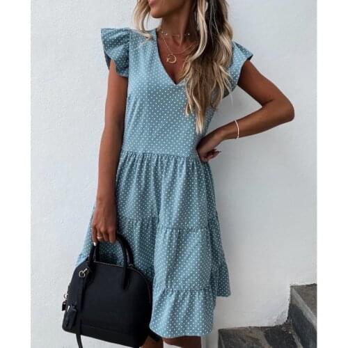 2020 Women Summer Polka Dot Print Sundress Casual Ruffles Sleeve V Neck Boho Party Mid Dress Sweet Three Layer Dress Vestidos
