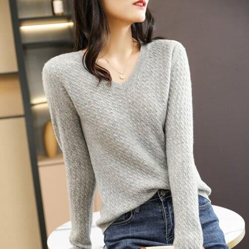 Autumn Winter Womans Sweaters Sexy V-Neck Female Pullover Long Sleeve 100% Wool Knitted Tops Clothes Shirt Jumpers Pull Femme