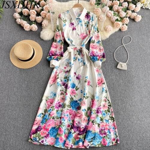 JSXDHK New Autumn Runway Shirt Dresses Elegant Women Flower Printed Lace UP Belt Female Turn Down Collar Long Ball Gown Dresses