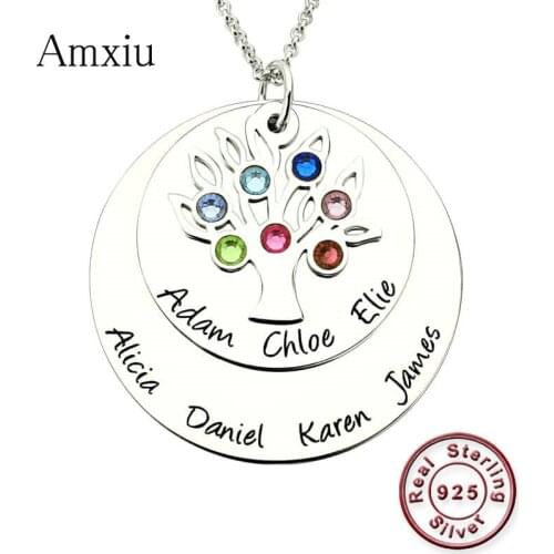 Amxiu Customize Round 925 Silver Pendant Necklace Engrave 1-7 Names Necklace Team Family Tree Necklace For Mother Womens Gift