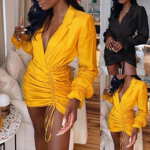 New Sexy Bag Hip Pleated Drawstring Tight Flared Sleeve Dress Deep V Neckwomen Long Sleeve Nightclub Party Lace Mini Dress 2021