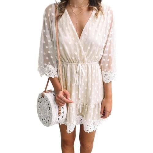White Wrap V Neck Elastic Waist Polka Dot Mesh Lace Splicing Dress for Women