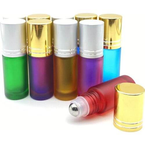 10pcs 5ml Portable Essential Oil Perfume Frosted Colorful Glass Roller Bottles Travel Container Refillable Vial Gold Silver Cap