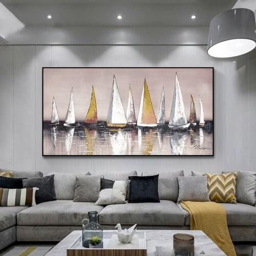 100% Hand Painted Modern Fashion Abstract Sailboat Oil Painting Wall Canvas Decor Picture Home Decor Canvas Wall Art Painting
