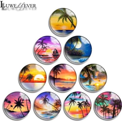 12mm 14mm 16mm 20mm 25mm 30mm 706 Beach Coconut Tree Mix Round Glass Cabochon Jewelry Finding 18mm Snap Button Charm Bracelet