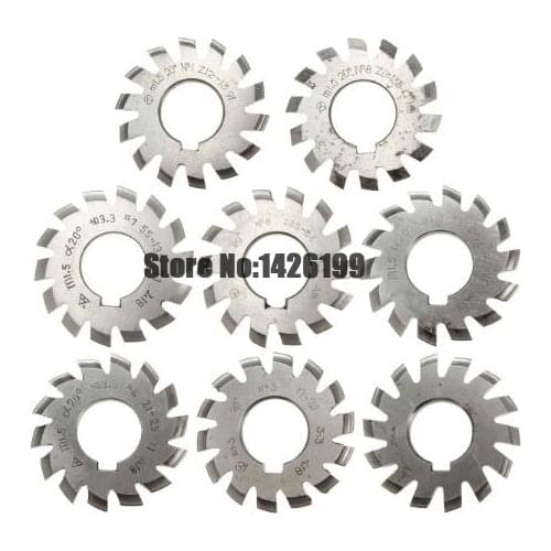 8PCS NO.1-NO.8 M0.4 M0.5 M0.6 M0.7 M0.8 M1 M1.25 M1.5 M2 M3 M4 Modulus PA20 Degrees HSS Gear Milling cutter Gear cutting tools