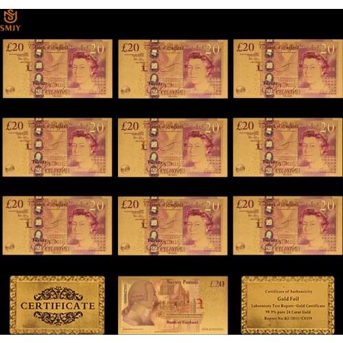 10Pcs/Lot Color British Gold Foil Banknotes UK 50 Pounds Gold Plated Paper Money Collection For Home Decoration
