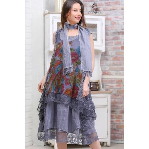 Chiccy Womens Gray Vintage Floral Print Ruffled Washed Double Sleeveless Dress New Fashion Fall and Woman Vintage Modern Rustic