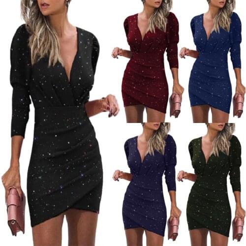 Elegant Solid Pleated Mini Dress Women Spring Autumn V-Neck 3D Print Bodycon Party Dress Sexy Office Lady Slim Long Sleeve Dress