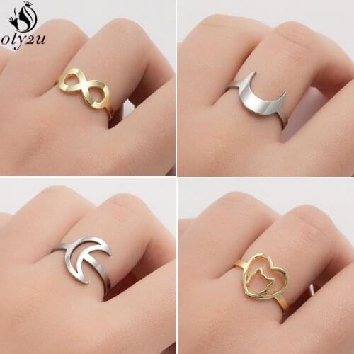 Punk Stainless Steel Rings for Women Charm Jewelry Fashion Heart Cat Midi Ring Cute Crescent Moon Opening Rings Birthday Gifts