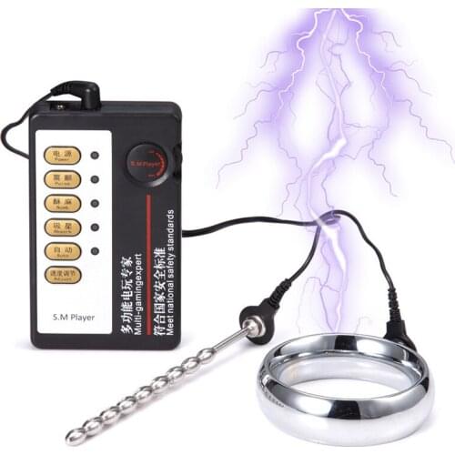 Electric Shock Stainless Steel Ring Penis Cock Cage Urethra Stimulator Vibrator Ring Chastity Penis Catheter Masturbator for Men