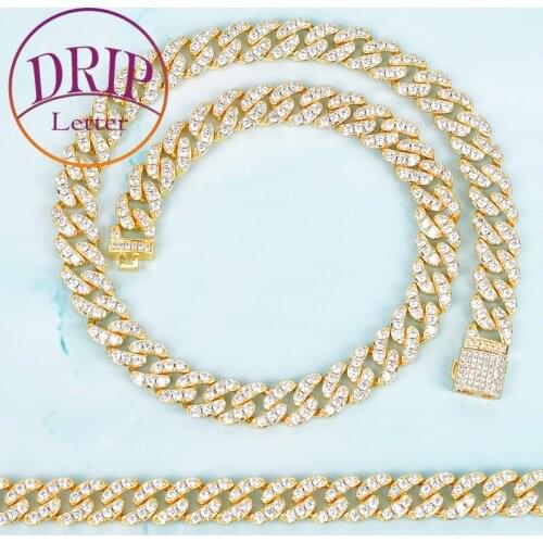 10mm Zircon Cuban Necklace And Bracelet Hip Hop Gold Color Chain Set Jewelry For Women Men