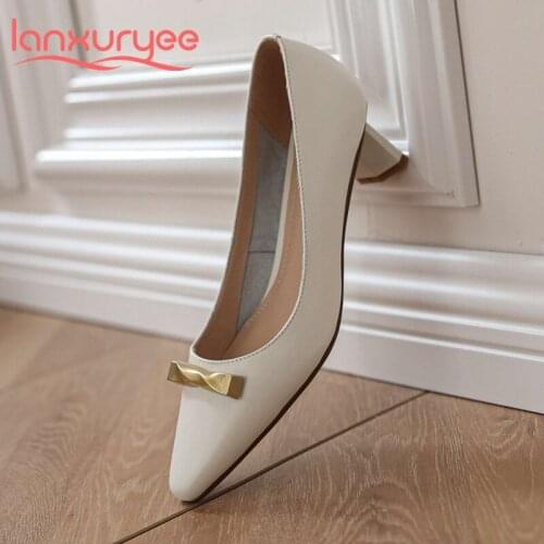 Lanxuryee limited customization large size genuine leather small square toe strange high heels special design women pumps L92