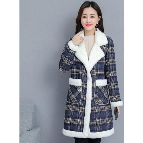 Fashion Lattice Plus Velvet Wool Coat Women Long Sections 2020 Winter New Cotton Jacket Loose Warmth Thick Padded Plus Size 4XL