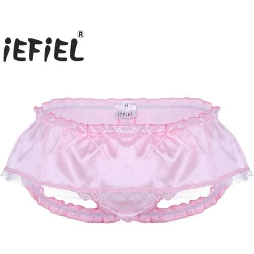 IEFiEL New Arrival Fashion Mens Lingerie Soft Shiny Satin Ruffled 3 Bum Straps Skirted Panties Sissy Lacework Briefs Underwear