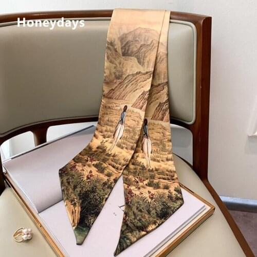New Retro Chinese Style Landscape Painting Design Sharp Corner Long Silk Scarf Wrist Scarves Ribbon Literary Scarfs Bandelettes