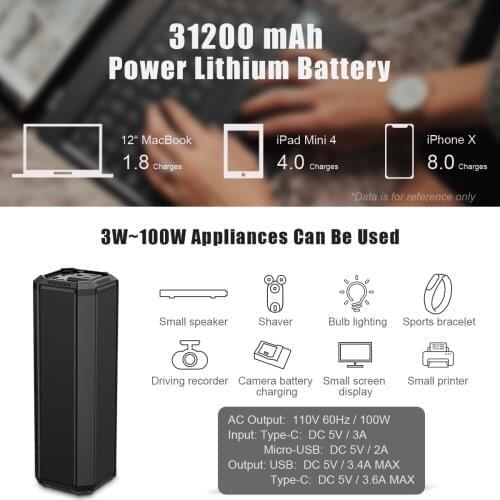 Portable Fast Charging 31200mAh 100W AC DC Output Power Bank for MAC IPAD Mini Ipad Laptop Notebook Drone Camera TV Projector