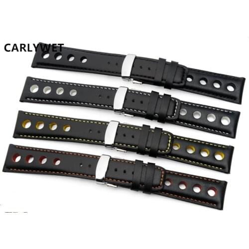CARLYWET 20mm Real Calf Leather Handmade Black White Orange Yellow Stitches Wrist Watch Band Strap Belt Clasp For T91 PRS516