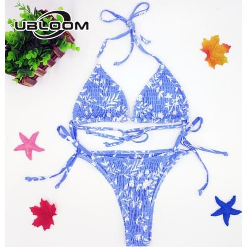 Sexy Triangle Push Up Bikini Set Tied String Bikinis Women Ruched High Cut Bathing Suit Swimwear Printed Swimsuit Beach Bathers