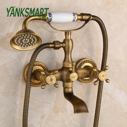 YANKSMART Antique Brass Bathroom Bathtub Shower Phone Style Hand Sprayer Faucet Set Wall Mounted Cold And Hot Water Mixer Tap