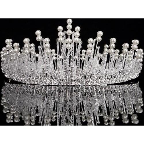 Trendy Silver Color Pearl Crown Wedding Tiara For Bride Hair Accessories Crystal Queen Crown Wedding Hair Jewelry Hair Ornaments
