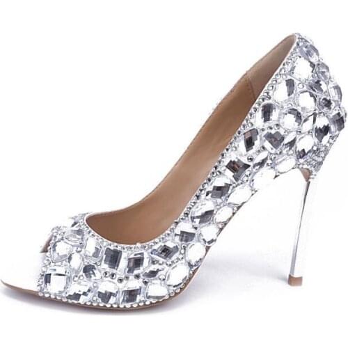 Diamonds Pearls Shoes Peep Toe Bridal Sparkle Pearls Rhinestones Wedding Shoes Crystal Diamond Sandals 100mm Heel