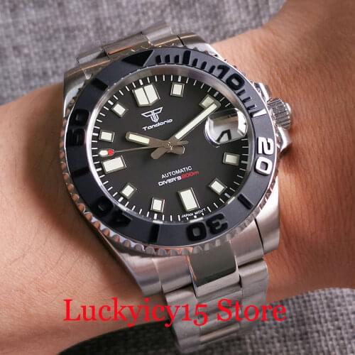 Tandorio Brand NH35A Business Men Automatic Wristwatch YM Black Insert Green Luminous Marks Sapphire Crystal Polished Bracelet